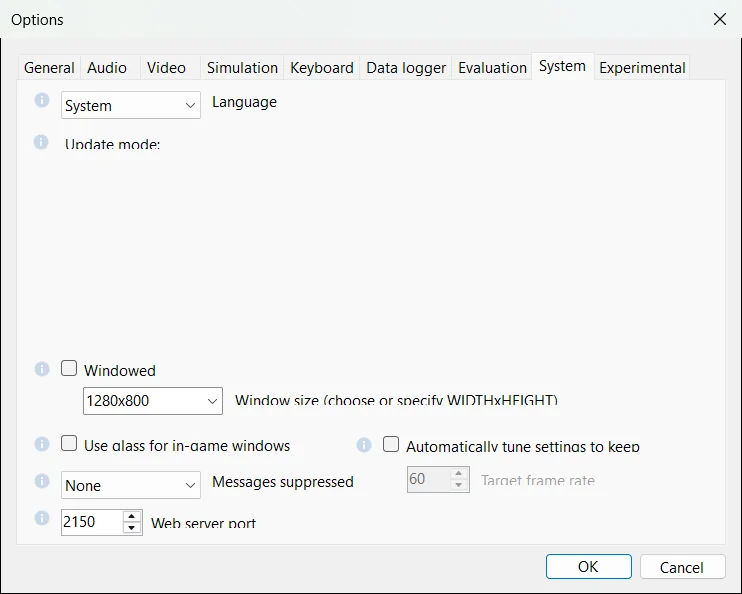 Opciones de Open Rails, pestaña System, con Web server port en 2150