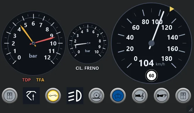Pupitre de SelectOR: manómetro de aire, cilindro de freno y velocímetro con la señal circular del próximo límite